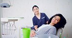 Portrait, woman and dentist for dental care, clinic and confident for medical procedure and checkup. Happy, healthcare worker and oral health for patient with cavity, tooth extraction and appointment