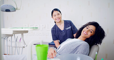 Buy stock photo Portrait, woman and dentist for dental care, clinic and confident for medical procedure and checkup. Happy, healthcare worker and oral health for patient with cavity, tooth extraction and appointment