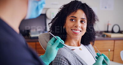 Buy stock photo Dental, checkup or woman in clinic with smile, advice or examination for decay prevention. Healthcare, guidance or dentist in hospital with tools, consultation or teeth inspection  for mouth health.