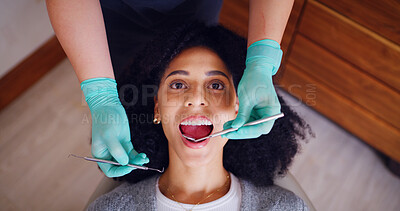 Buy stock photo Dental, above or woman in clinic with checkup, mirror or excavator in teeth inspection. Healthcare, top view or dentist in hospital with tools, consultation or gum assessment for mouth health.