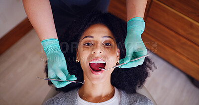 Buy stock photo Woman, portrait and mirror for consultation with dentist, oral hygiene and mouth cleaning service. Above of person, assessment and orthodontic inspection for dental care, patient or tools for checkup