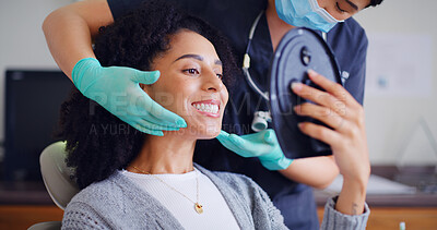 Buy stock photo Woman, smile and mirror for checkup with dentist, oral hygiene and mouth cleaning service. Female person, assessment and orthodontic inspection for dental care, patient and teeth for consultation
