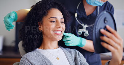 Buy stock photo Woman, smile and mirror for checkup with dentist, oral hygiene and mouth cleaning service. Female person, assessment and orthodontic inspection for dental care, patient and help for consultation