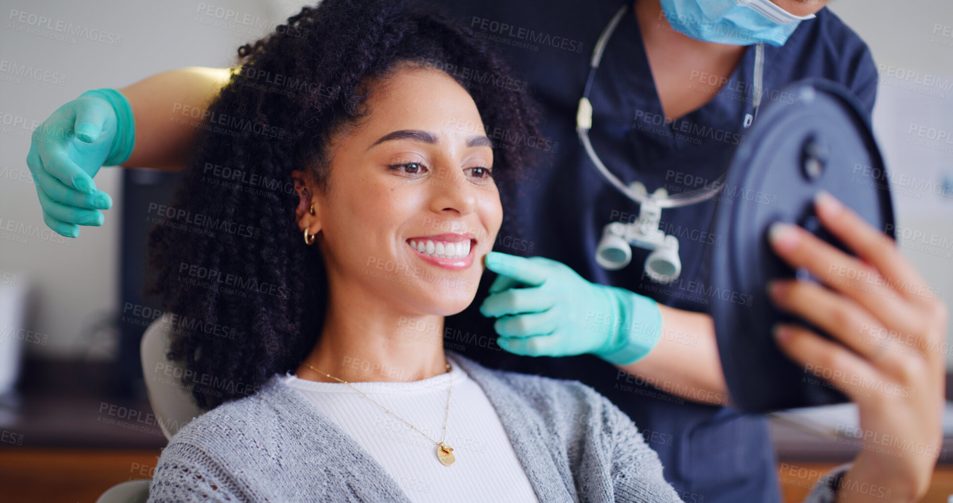 Buy stock photo Woman, smile and mirror for checkup with dentist, oral hygiene and mouth cleaning service. Female person, assessment and orthodontic inspection for dental care, patient and help for consultation