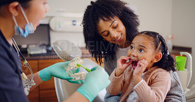 Buy stock photo Brushing teeth, consulting or example with dentist, girl and mother in clinic for demonstration. Appointment, dental or mouth model with people in optometry office for advice, checkup or learning