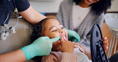 Buy stock photo Child, consultation and dentist with mirror in office for dental checkup, show cavity and hygiene. Mother, kid and pediatric for oral health, teeth whitening and inspection for cleaning service 