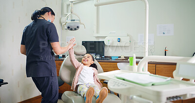Buy stock photo High five, girl and dentist in office, consultation and good news with oral health. Medical service, woman and kid patient in clinic, dental hygiene and success with mouth procedure, help and support
