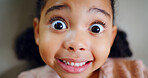 Surprise, child and portrait of girl in home with excitement, good news or silly reaction to announcement. Funny face, smile or kid with shocked expression for notification, happy or playful response