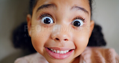 Buy stock photo Surprise, child and portrait of girl in home with excitement, good news or silly reaction to announcement. Funny face, smile or kid with shocked expression for notification, happy or playful response