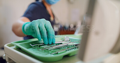 Buy stock photo Dental, tools or hands in clinic with tray, mirror or excavator in treatment procedure. Healthcare, person or dentist in hospital for oral examination, mouth equipment or metal set in orthodontics