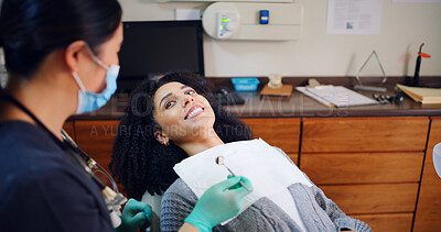 Buy stock photo Dental, consultation or woman in clinic with smile, advice or examination for decay prevention. Healthcare, guidance or dentist in hospital with tools, checkup or mouth inspection  for oral health.