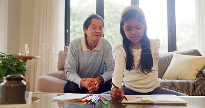 Buy stock photo Homework, drawing and grandfather with girl, creativity and bonding together with help. Family, old man and granddaughter with notebook, child development and education with inspiration and learning