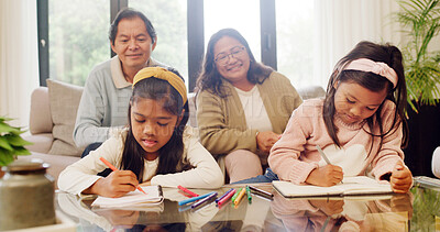 Buy stock photo Homework, drawing and grandparents with girls, creativity and bonding together with help. Family, senior people or grandkids with notebook, child development or education with inspiration or learning
