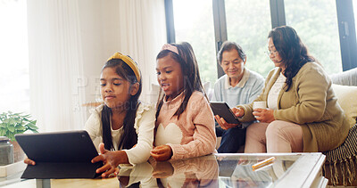 Buy stock photo Tablet, reading and grandparents with children in home for streaming service, film search and cartoon. Online movie subscription, bonding and entertainment with senior people in family house