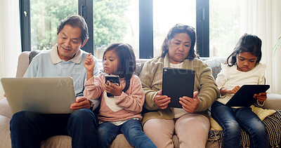 Buy stock photo Grandparents, talk and children with tech, home and digital learning on website, online and bonding. Streaming, movies and senior people with different apps, watching and family with entertainment