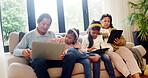 Tech, relax and grandparents with children on sofa for streaming service, film search and laptop. Online movie subscription, tablet and entertainment with people in living room of family house