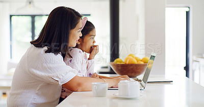 Buy stock photo Laptop, remote work and mother with kid in kitchen for multitask with creative project deadline. Computer, freelancer and mom with girl child for typing with email or contact for publishing in home.