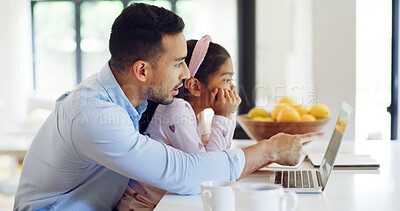 Buy stock photo Laptop, remote work and dad with child in kitchen for multitask with creative project deadline. Computer, freelancer and father with girl kid for typing with email or contact for publishing in home.