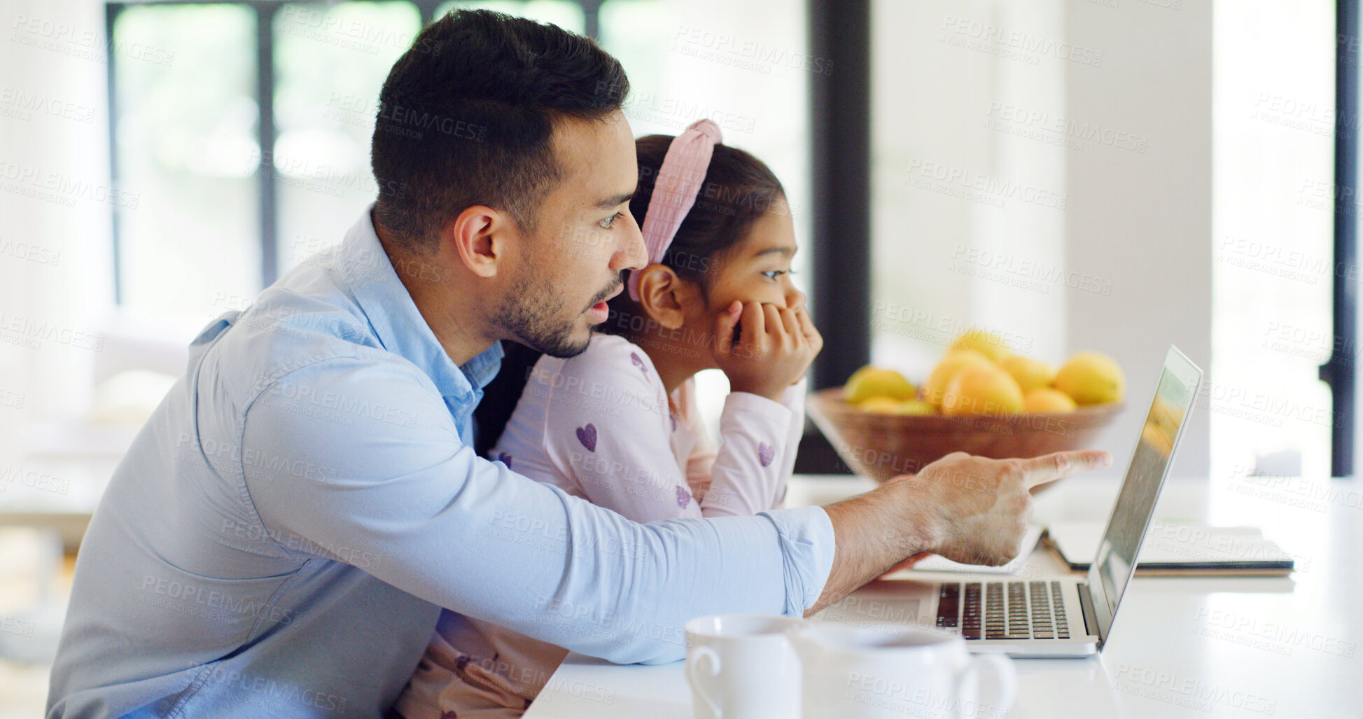 Buy stock photo Laptop, remote work and dad with child in kitchen for multitask with creative project deadline. Computer, freelancer and father with girl kid for typing with email or contact for publishing in home.