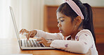 Typing, curious or kid in house with laptop, testing or digital skills in cognitive learning. Online, interactive or child in home with pc, practice or tech activity in childhood development.