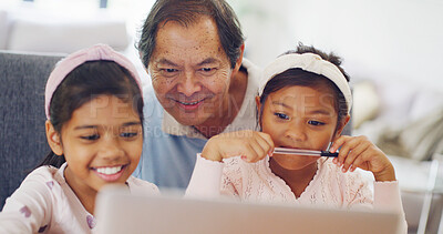 Buy stock photo Reading, grandpa or children with laptop to study, virtual class or elearning for knowledge growth. Education support, old man or girls with pc for online homework task, development or smile in home