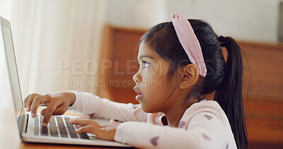 Buy stock photo Typing, curious or child in house with laptop, testing or digital skills in cognitive learning. Online, interactive or girl in home with pc, practice or tech activity in childhood development.