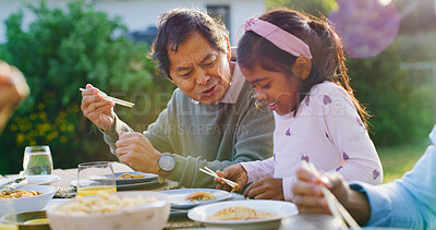 Buy stock photo Meal, grandparent or child at table with conversation, bonding together or reunion in healthy relationship. Love, happy and Asian family outdoor with feast, connection or shared food in tradition.