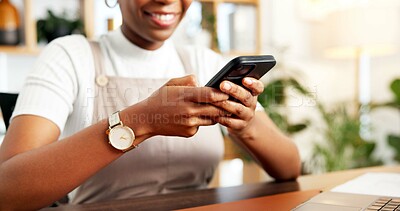 Buy stock photo Contact, hands and phone with business woman in office for social media or text message communication. App, mobile and typing with employee person at desk in workplace for email feedback or search