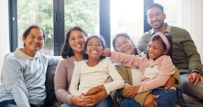 Buy stock photo Relax, smile and portrait of big family on sofa in home for bonding, support and generations. Happiness, love and connection with grandparents, children and parent’s in living room of house together