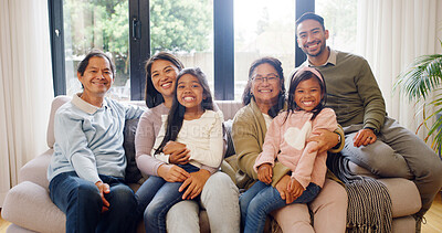 Buy stock photo Relax, happy and portrait of big family on sofa in home for bonding, support and generations. Smile, love and connection with grandparents, children and parents in living room of house together