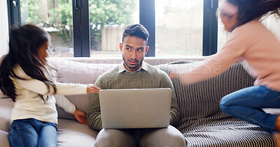 Buy stock photo Dad, laptop and kids playing with distraction for remote work, annoyed and children with adhd. Freelancer father, tech and girls with mental disorder in home with disruption, jumping and attention