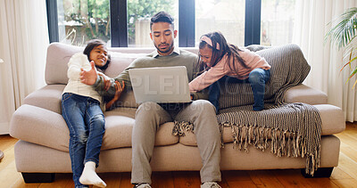 Buy stock photo Fight, dad and children on sofa with laptop, argument and parenting struggle in sibling rivalry. Conflict, chaos and family in house with tech, father challenge and frustration for bad behavior.