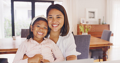 Buy stock photo Mother, child or happy portrait in home for bonding together, weekend break or healthy relationship. Family, woman and girl with smile in living room for connection, protection and support in house