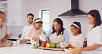 Grandparents, parents and kids in kitchen for cooking, learning skills and help for lunch. Family home, senior generation and happy mom, dad and children for bonding, love and prepare food for supper