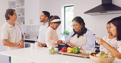 Buy stock photo Senior, parents and children in kitchen for cooking, learning skills and help for lunch together. Family home, grandparents and happy mom, dad and kids for bonding, love and prepare food for supper