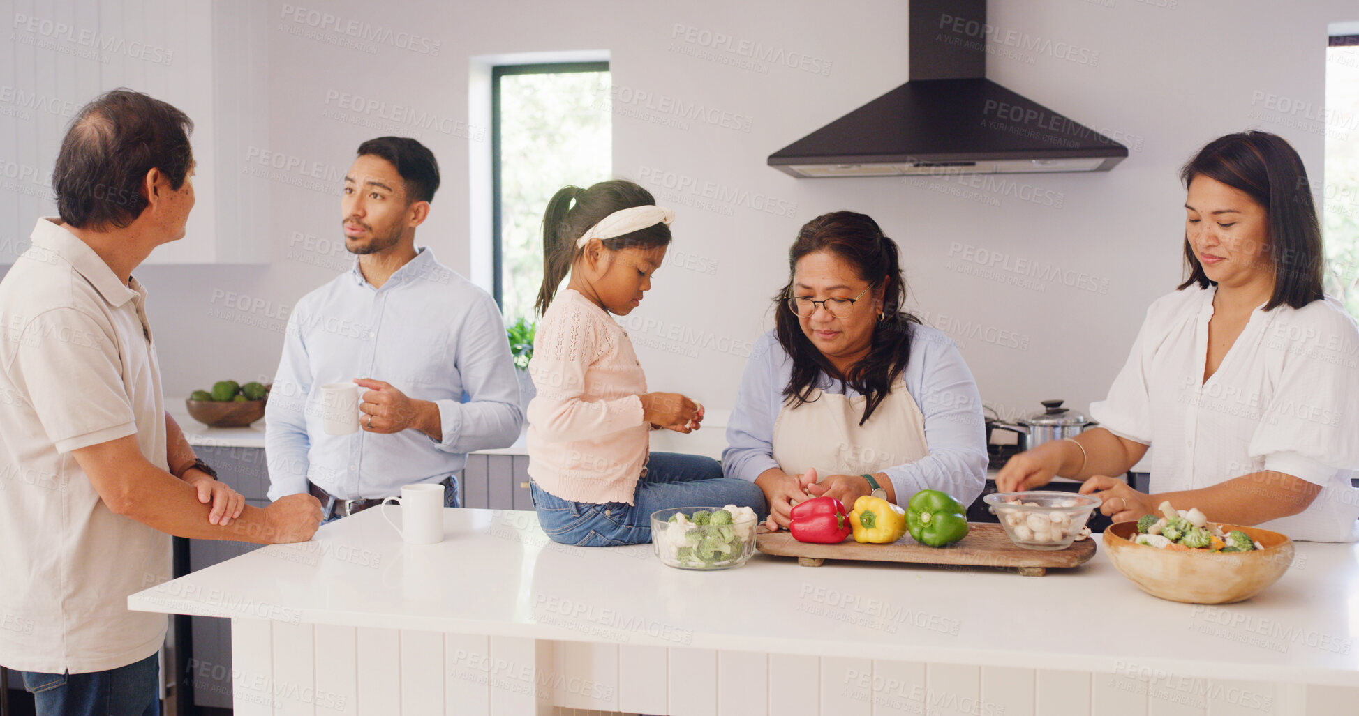 Buy stock photo Grandparents, parents and kid in kitchen for cooking, learning skills and help for lunch. Family home, senior generations and mom, dad and girl for bonding, talking and prepare food for supper
