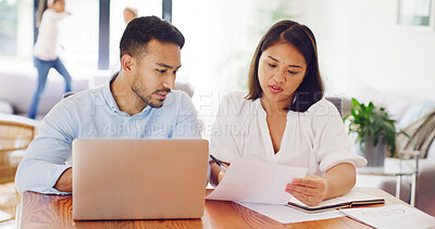 Buy stock photo Home, laptop and couple with paperwork for finance report, budget planning and mortgage expenses. Marriage, documents and man with woman on computer for asset management, financial review and savings