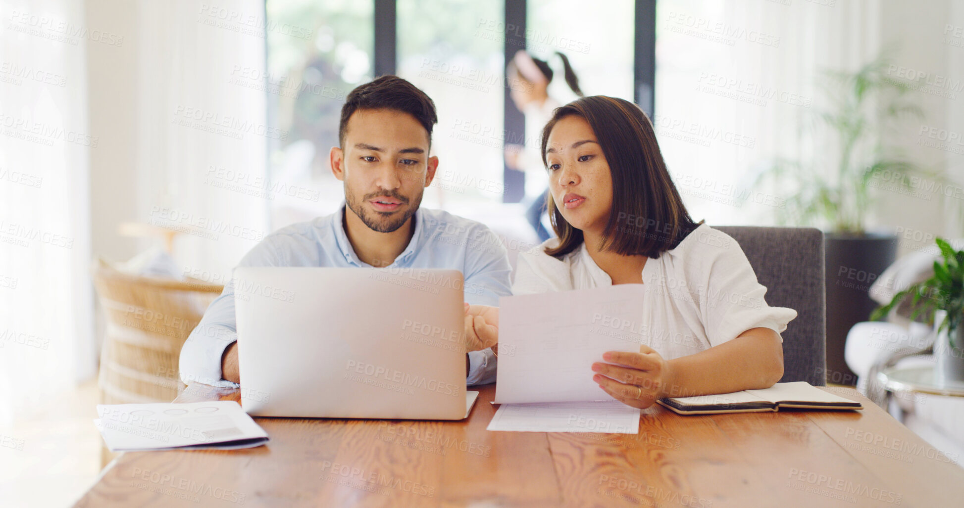 Buy stock photo Home, laptop and couple with documents for finance report, budget planning and mortgage payment. Marriage, paperwork and man with woman on computer for online banking, financial review and savings