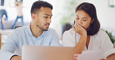 Buy stock photo Planning, laptop and couple with documents for finance report, budget and mortgage payment. Marriage, paperwork and man with woman on computer for tax invoice, financial review and savings in home