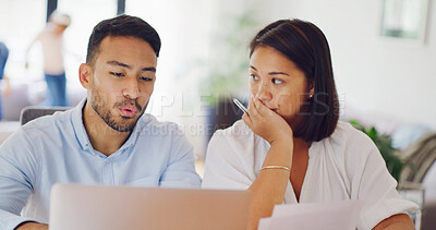 Buy stock photo Planning, laptop and couple with paperwork for finance report, budget and online for house mortgage. Marriage, documents and man with woman talking on computer for taxes, financial review and savings