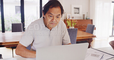 Buy stock photo Mature man, laptop and reading for budget planning, schedule payment or checking bills in home. Senior person, technology and paperwork for online banking with expenses, insurance or retirement plan