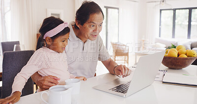 Buy stock photo Laptop, watching and grandpa with child in home for streaming service, film search and cartoon. Online movie subscription, bonding and entertainment show with senior man and kid in family house