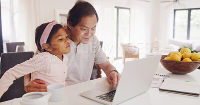 Buy stock photo Search, laptop and grandfather with girl for streaming, cartoon and movies choice. Bonding, technology and weekend with old man and granddaughter in living room of home for relax, website or internet