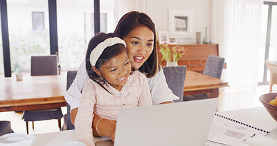 Buy stock photo Laptop, reading and mother with daughter in home for streaming service, film search and cartoon. Online movie subscription, bonding and entertainment with woman and child in family house for series