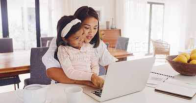 Buy stock photo Laptop, typing and mother with daughter in home for streaming service, film search and cartoon. Online movie subscription, bonding and entertainment with woman and child in family house for series
