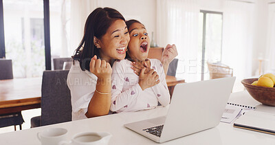 Buy stock photo Laptop, surprise and mother with daughter in home for streaming service, film search and cartoon. Online movie subscription, winner and entertainment with woman and child in family house for shock