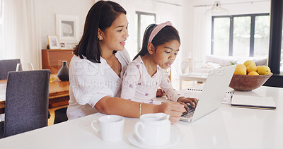 Buy stock photo Laptop, remote work and mother with child in kitchen for multitask with creative project deadline. Computer, freelancer and mom with girl kid for typing with email or contact for publishing in home.