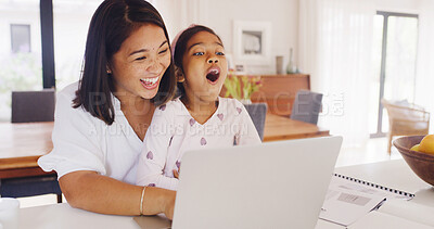 Buy stock photo Happy mom, child and home with laptop for ebook, entertainment or laugh for funny comic together. Mother, kid or daughter with surprise reaction for comedy story, humor or fun subscription in house