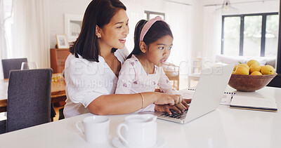 Buy stock photo Laptop, remote work and mom with kid in kitchen for multitask with creative project deadline. Computer, freelancer and mother with girl child for typing with email or contact for publishing in home.