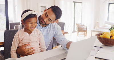 Buy stock photo Laptop, remote work and father with kid in kitchen for multitask with creative project deadline. Computer, freelancer and dad with girl child for typing with email or contact for publishing in home.
